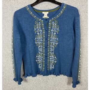 Sundance Lambswool Cardigan Sweater Womens L Embroidered Scalloped Southwestern